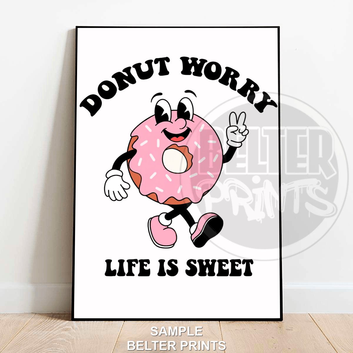 donut wall art, retro cartoon kitchen print, pink donut poster, fun foodie artwork, sweet life wall decor