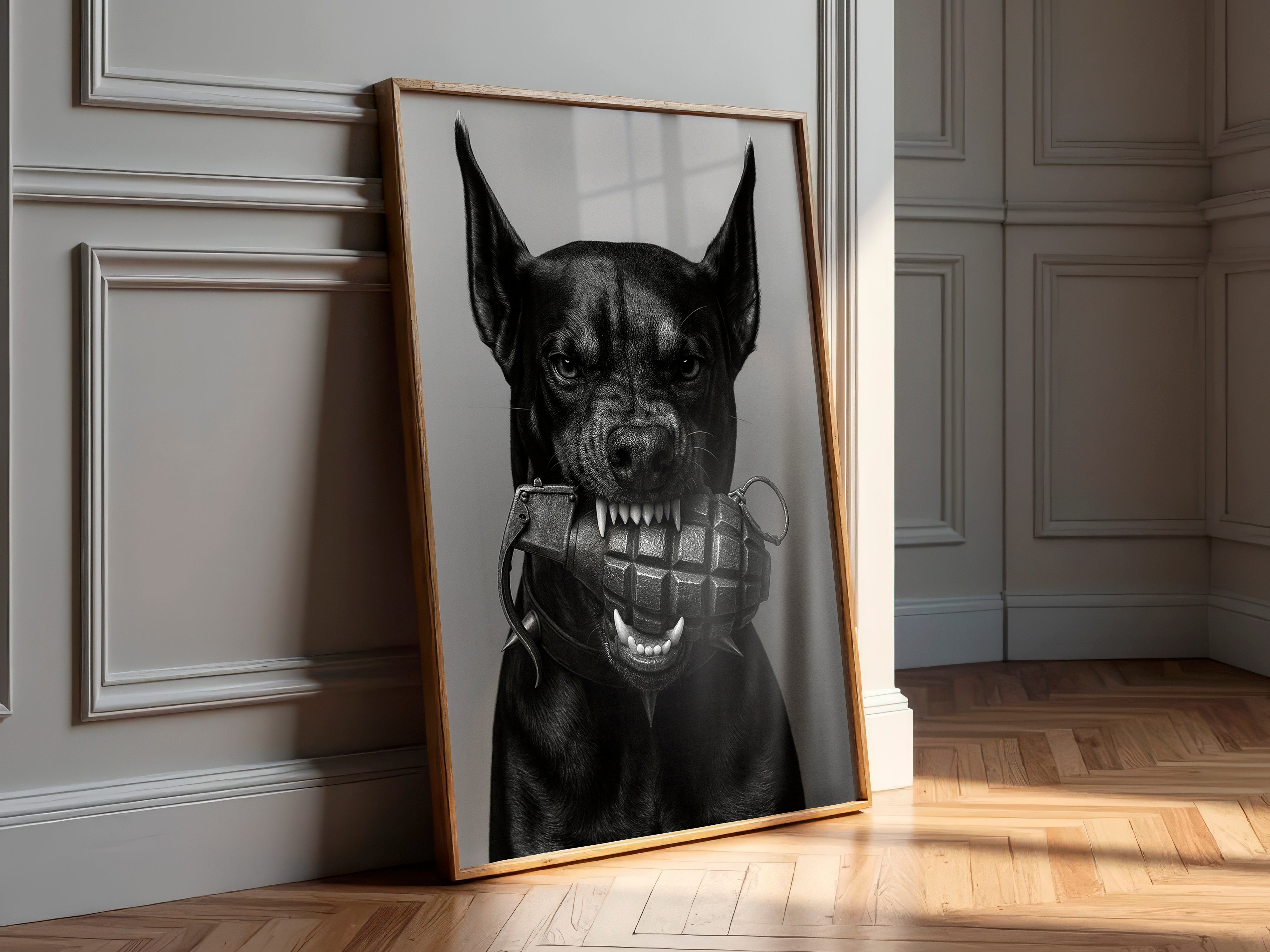 Framed artwork of a dog with a collar on a wall.