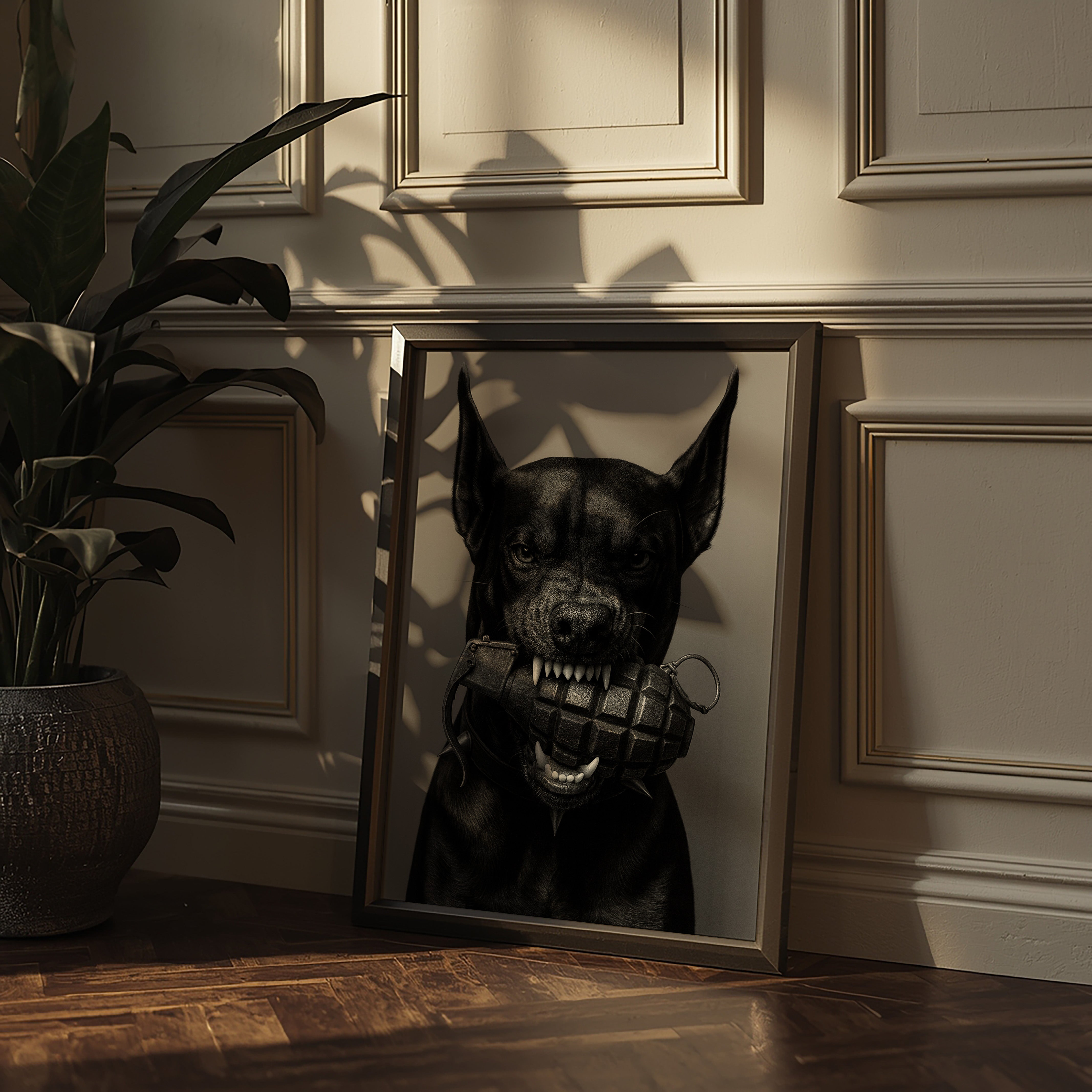 Framed picture of a dog with a muzzle on a wooden floor against a wall.