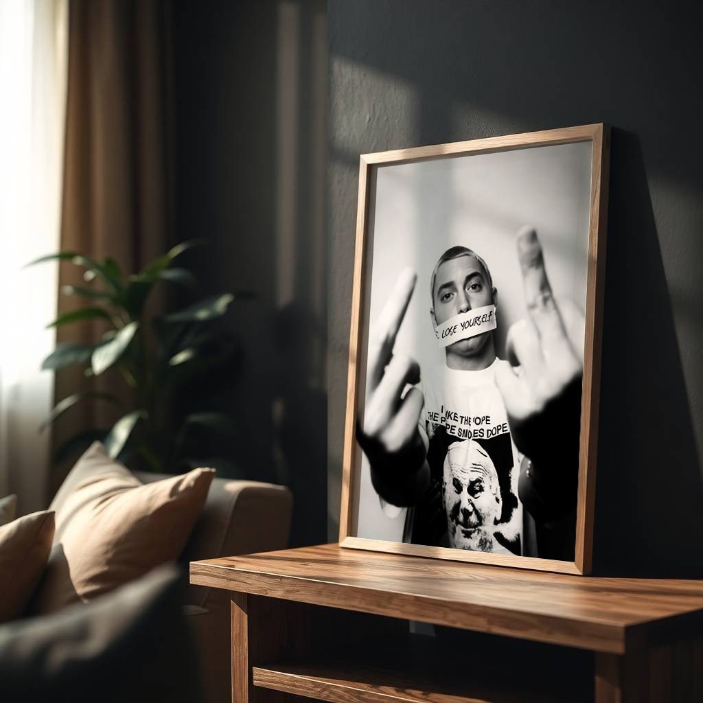 Framed black and white portrait on a wooden table in a living room setting