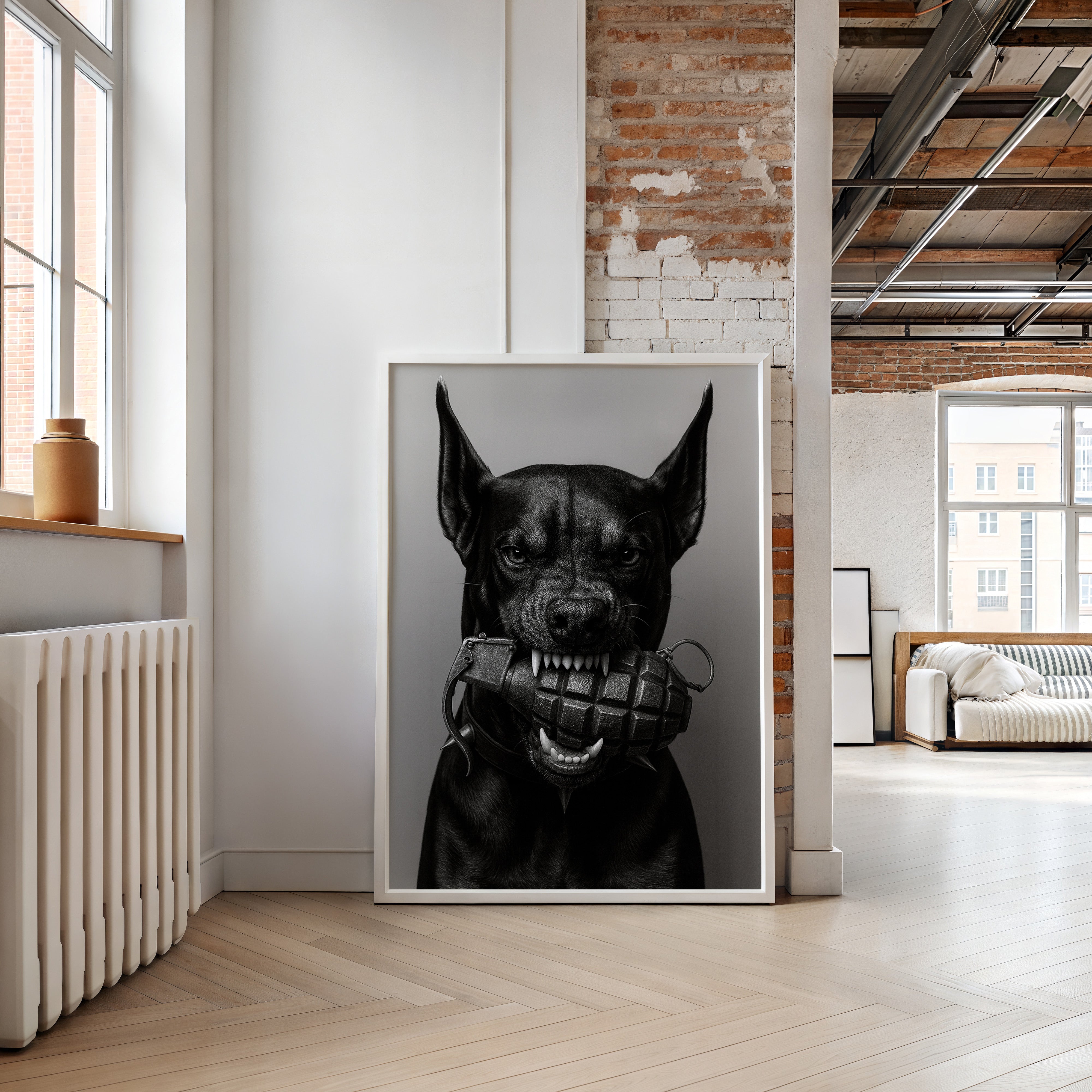 Framed artwork of a black dog with a muzzle in a modern living room.