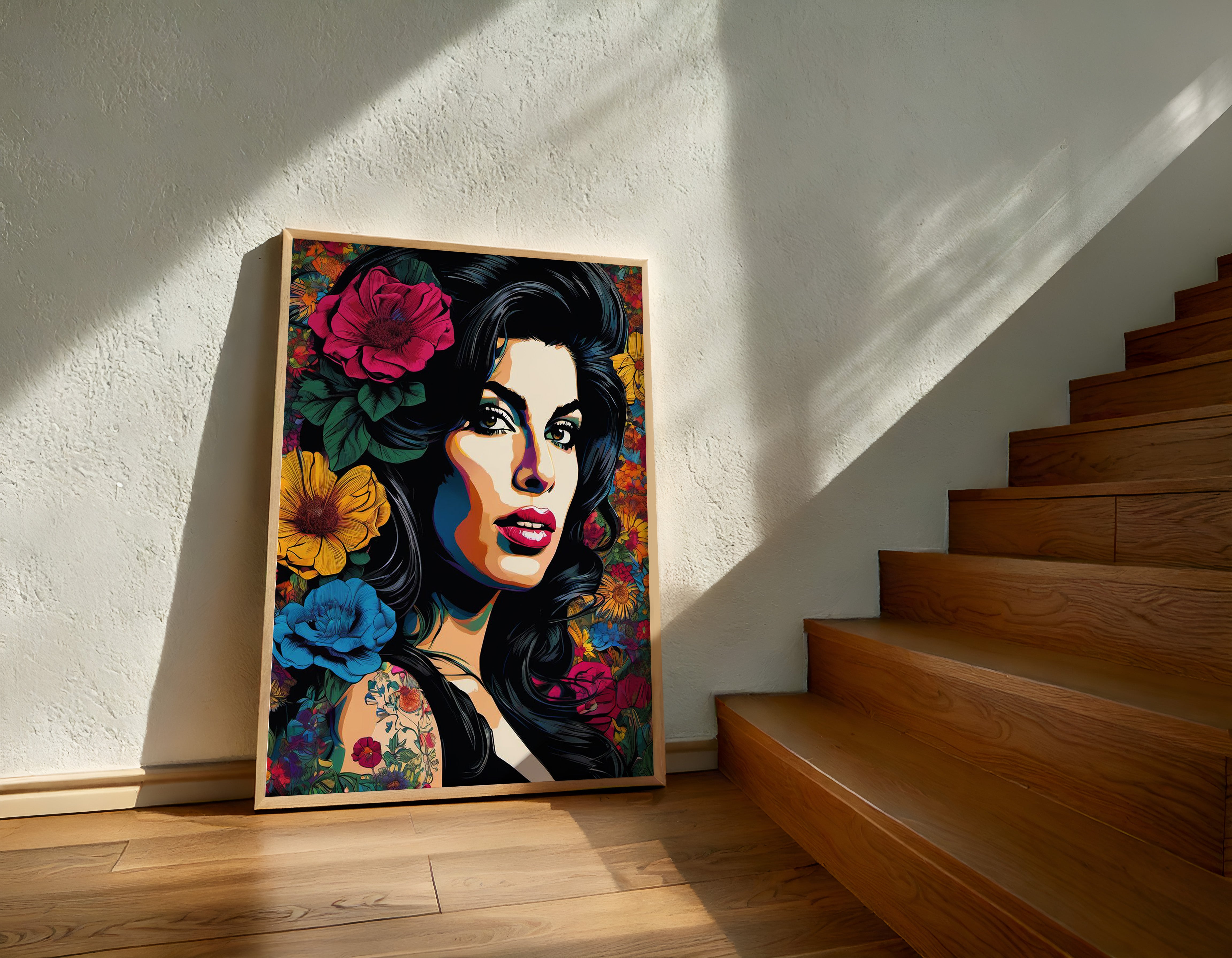 Colorful artwork of a woman with flowers in a wooden frame on a wall next to a staircase.