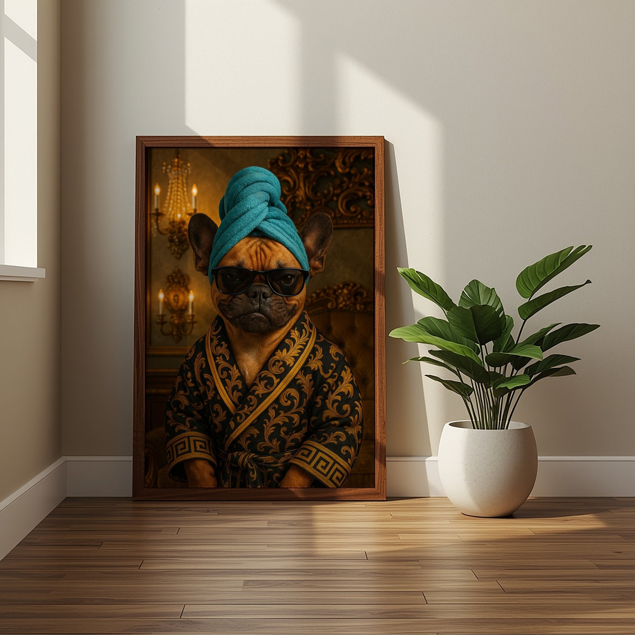 Framed artwork of a dog in a bathrobe and turban on a wall next to a plant.