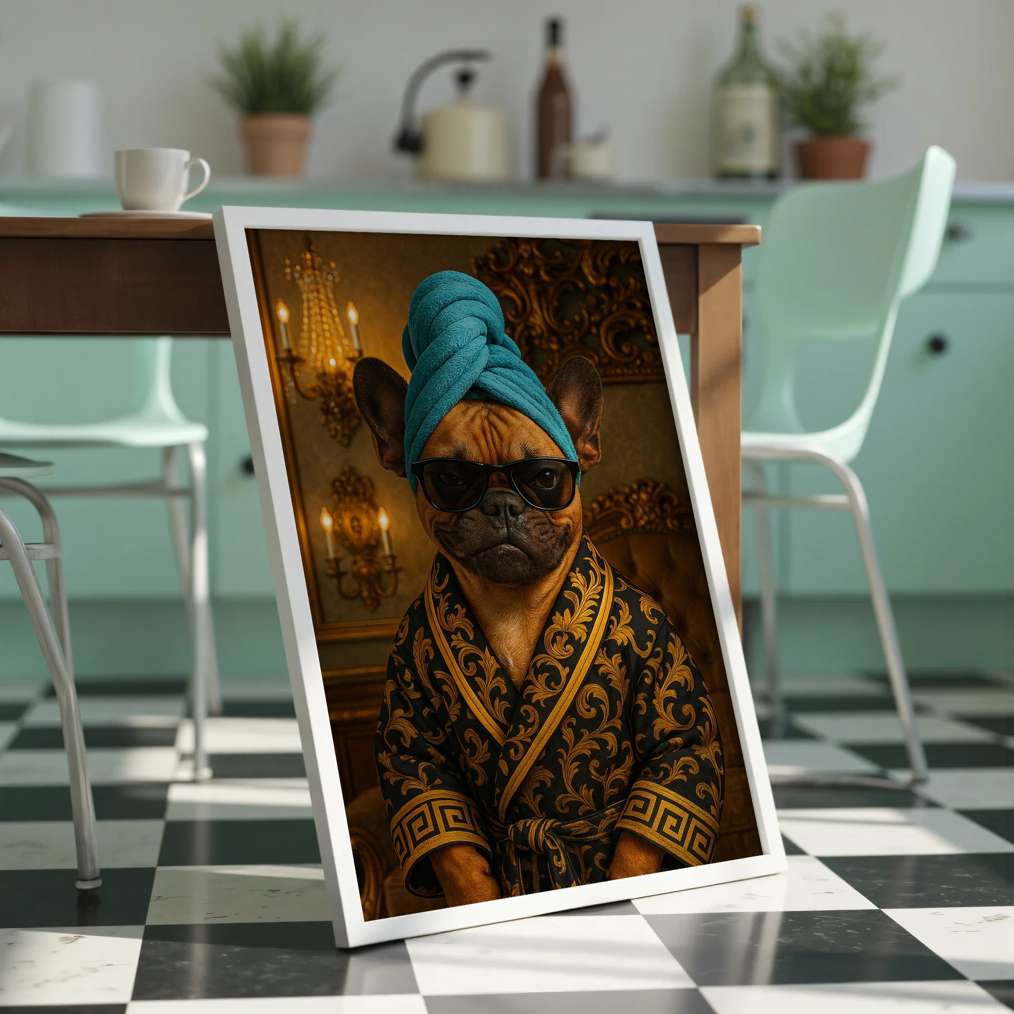 Framed picture of a dog wearing sunglasses and a blue turban on a checkered floor.