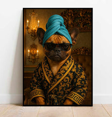 Framed artwork of a dog wearing sunglasses and a robe with a decorative background.