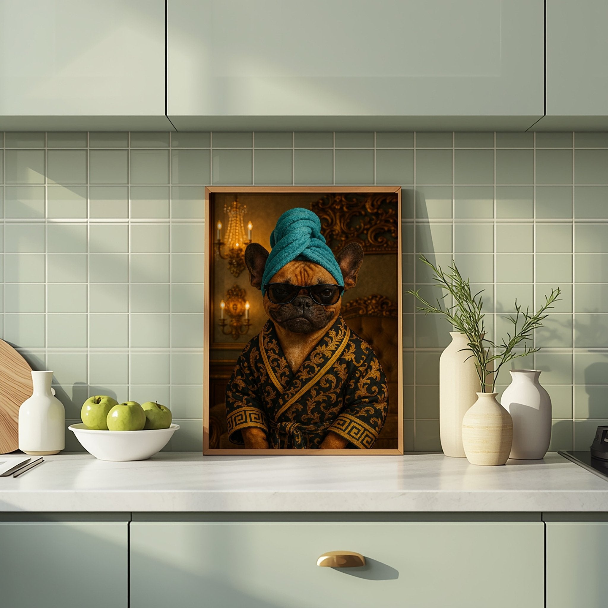 Framed artwork of a dog in a bathrobe and turban on a kitchen counter.