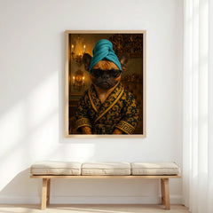 Framed artwork of a dog wearing sunglasses and a turban on a wall above a bench.