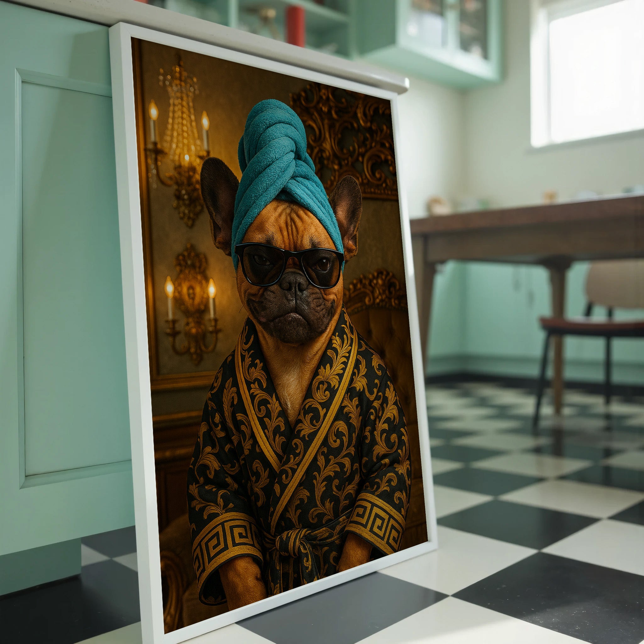 Framed picture of a dog wearing a blue turban and patterned robe in a room with a checkered floor.