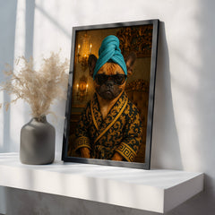 Framed artwork of a dog wearing sunglasses and a turban on a white shelf.