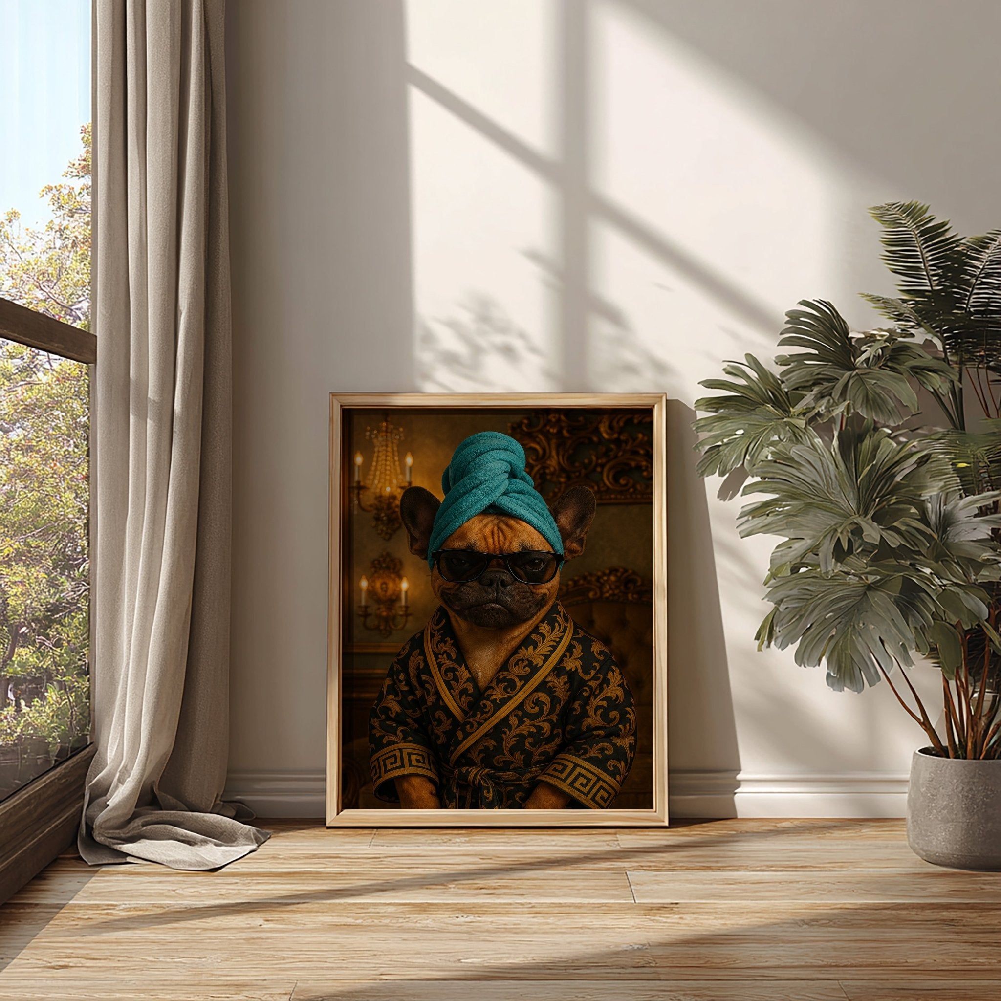 Framed artwork of a stylized dog wearing sunglasses and a turban in a room with a window and plant.