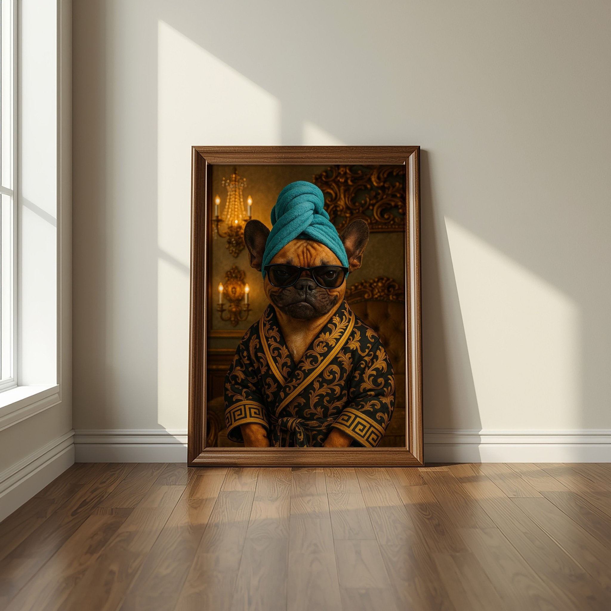 Framed artwork of a dog wearing a blue turban and robe in a room with sunlight streaming through a window.