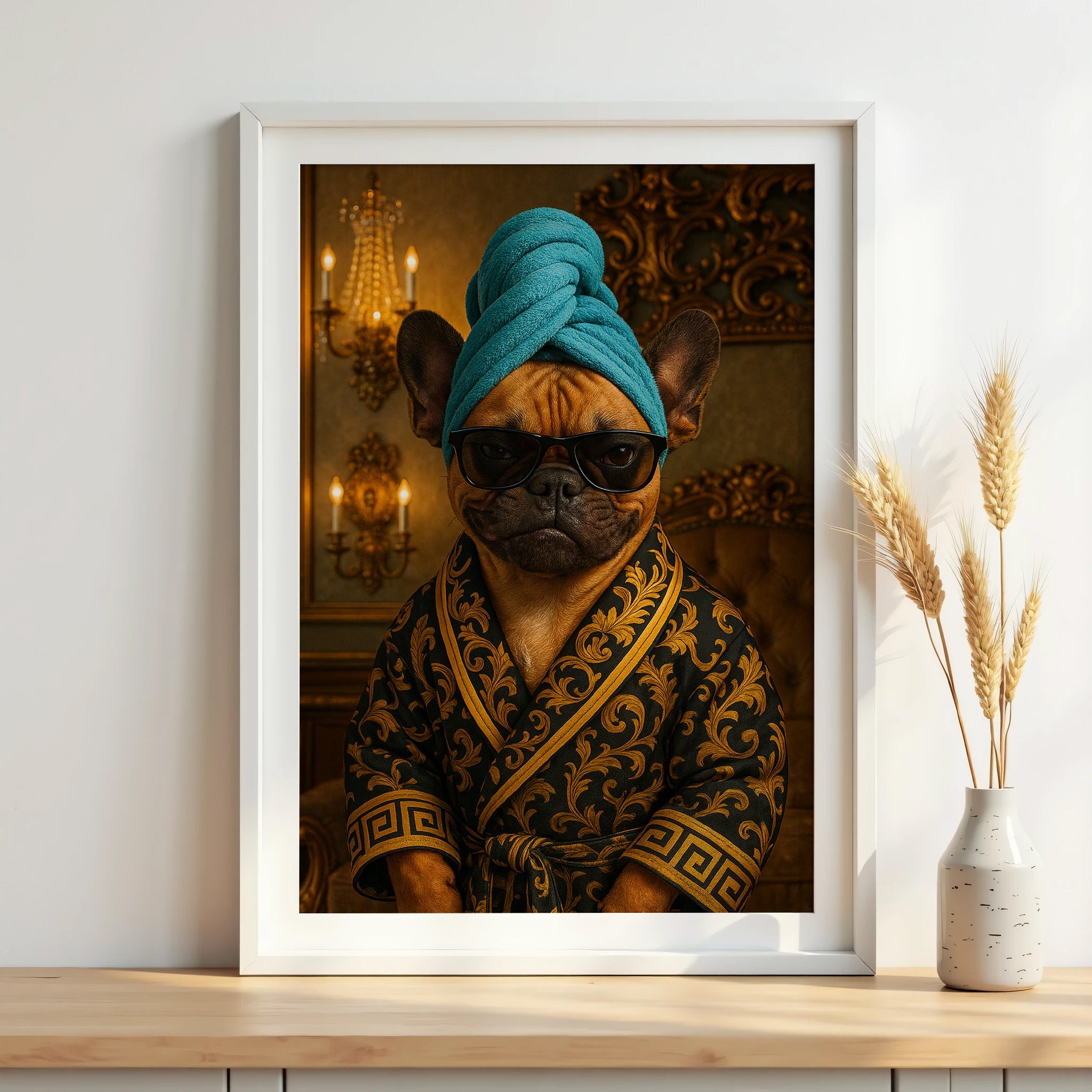 Framed artwork of a dog wearing sunglasses and a blue towel on a wall.