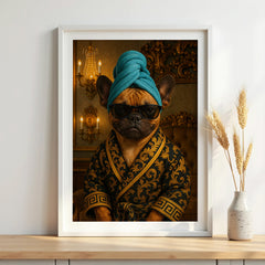 Framed artwork of a dog wearing sunglasses and a blue towel on a wall.