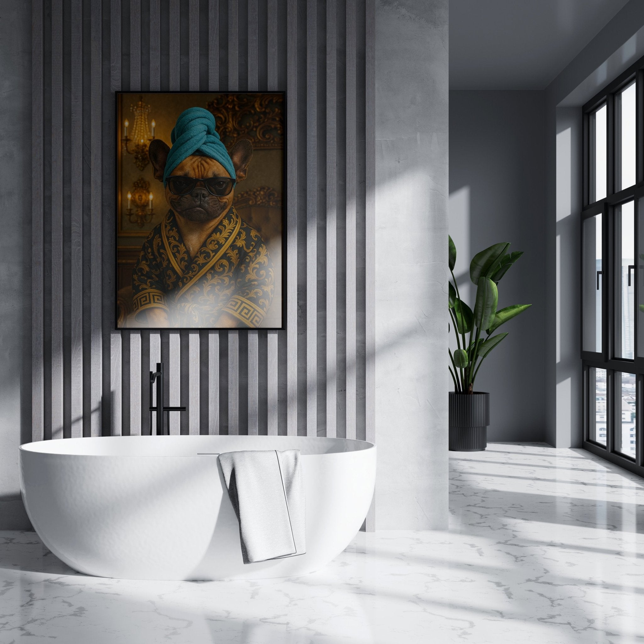 Modern bathroom with a freestanding bathtub, striped wall, and decorative painting.