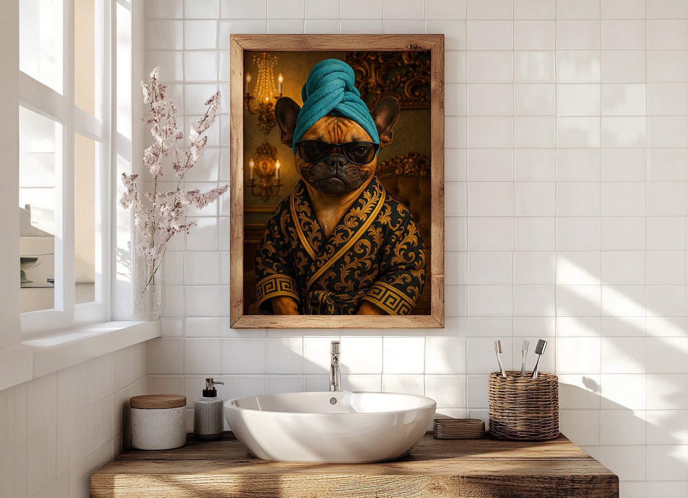 Bathroom with a framed artwork of a dog in a turban and robe above a sink.