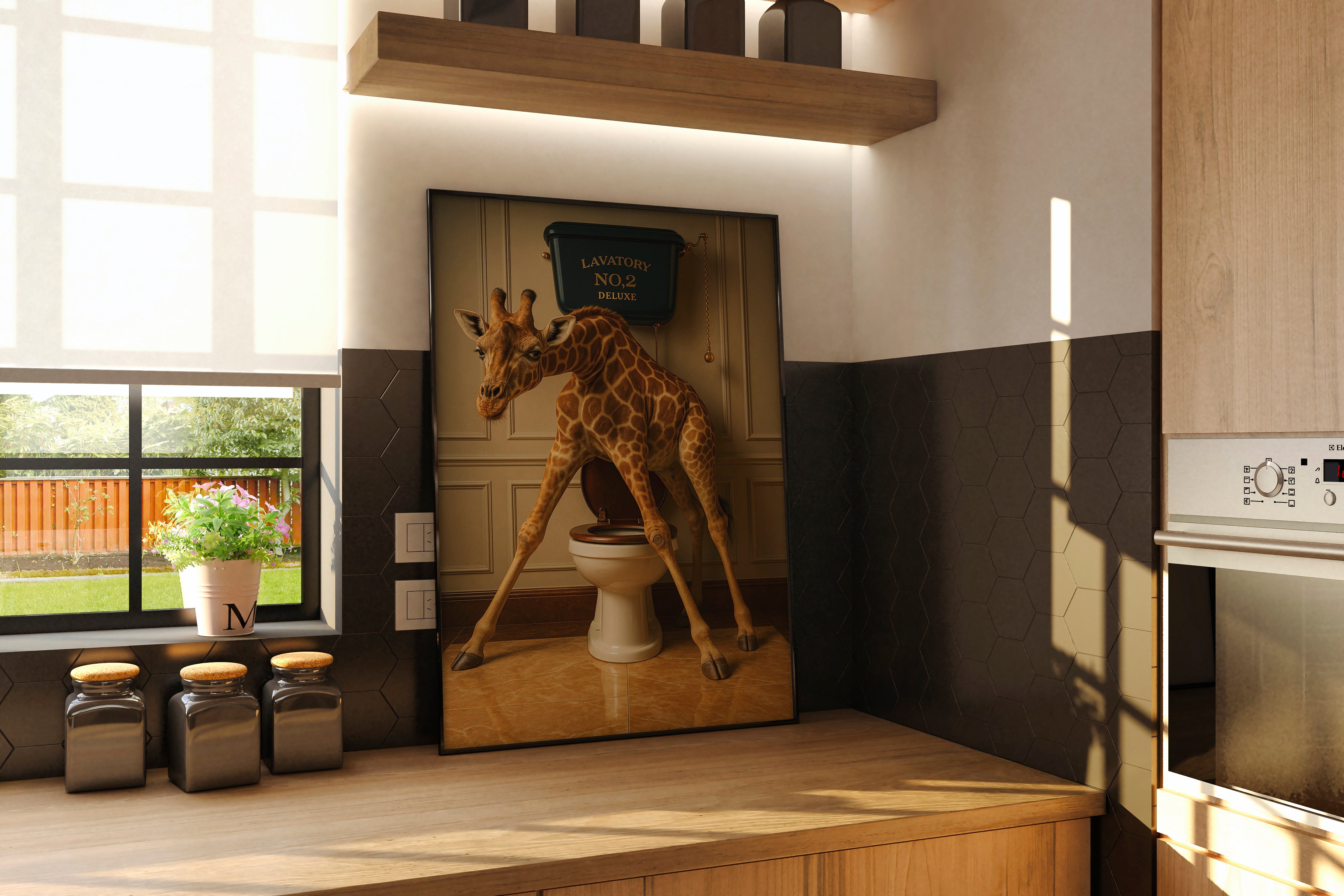 Kitchen interior with a giraffe sculpture on a shelf
