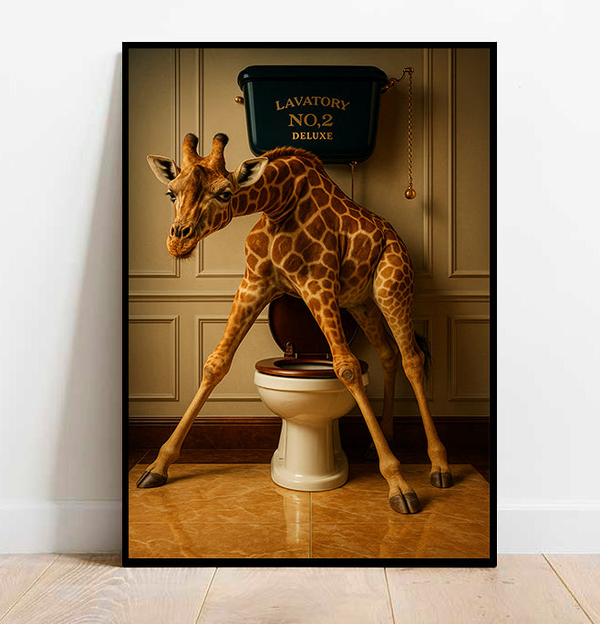 Giraffe interacting with a toilet in a bathroom setting