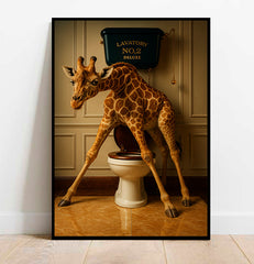 Giraffe interacting with a toilet in a bathroom setting