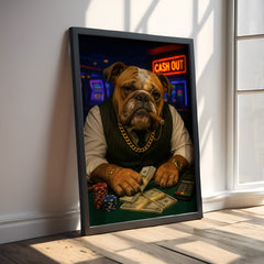 Framed picture of a bulldog with a cigar and money on a table, with a 'Cash Out' sign in the background.