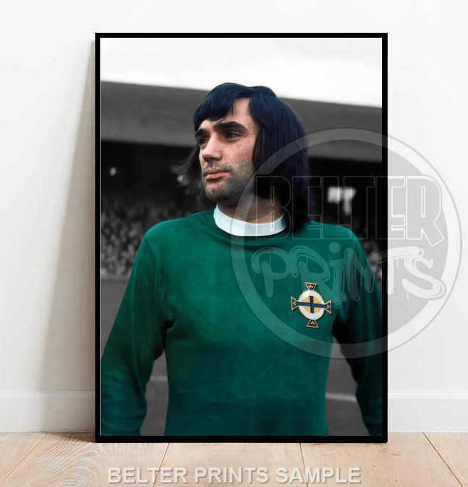 george best northern ireland wall art, football legend portrait print, green jersey george best poster