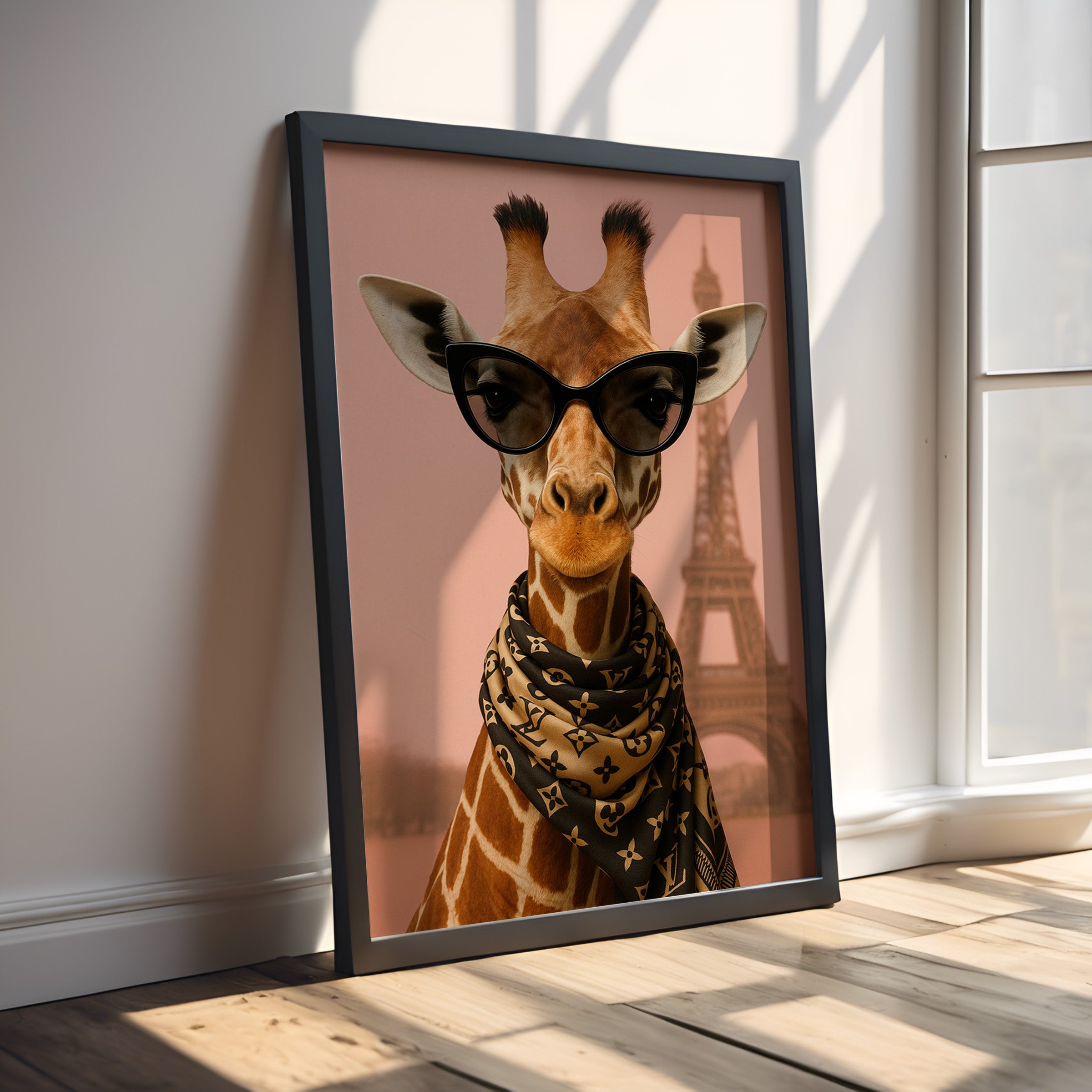 Framed artwork of a giraffe wearing sunglasses with the Eiffel Tower in the background