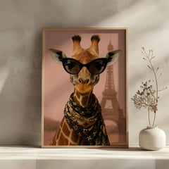 Framed artwork of a giraffe wearing sunglasses with the Eiffel Tower in the background, on a shelf.