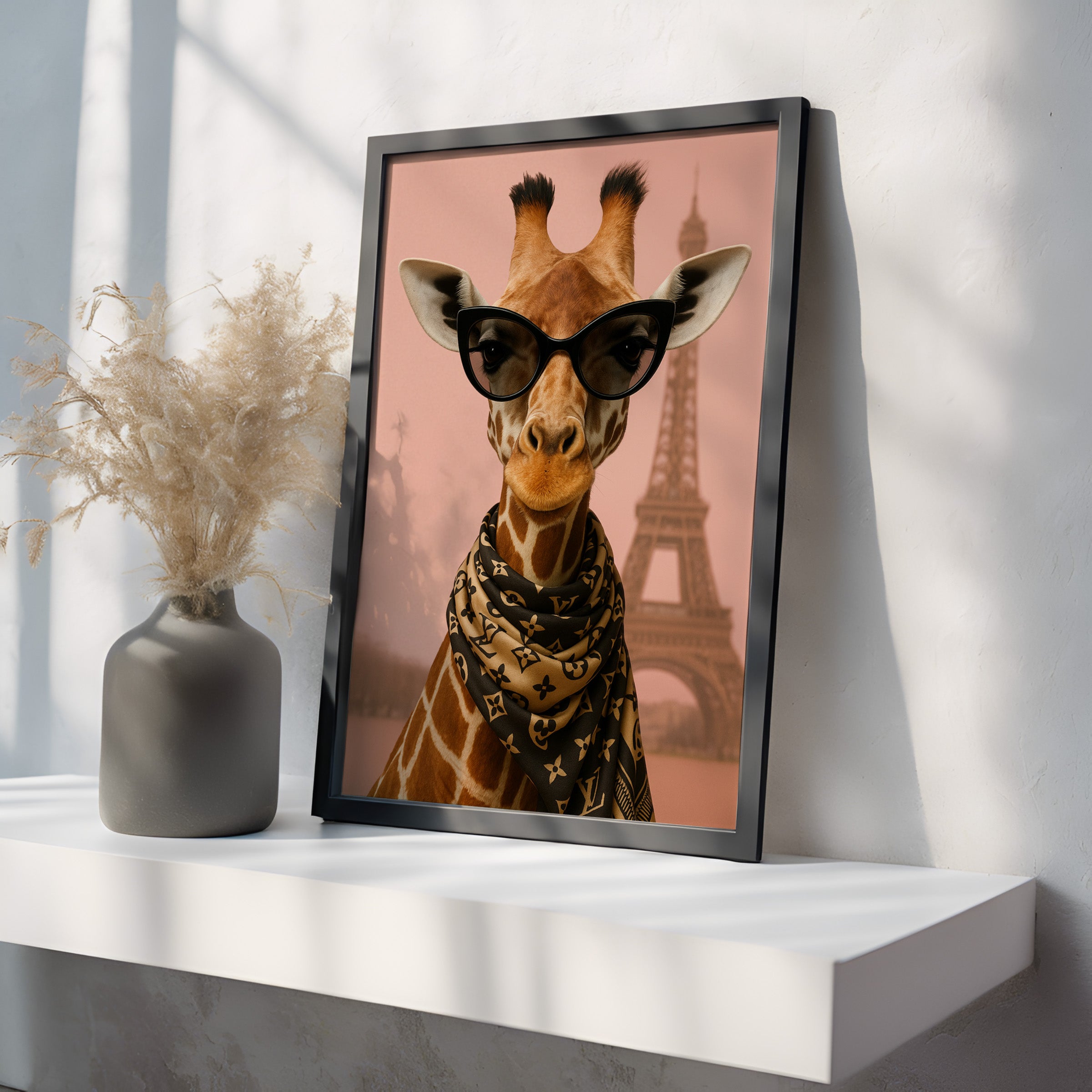Framed artwork of a giraffe wearing sunglasses with the Eiffel Tower in the background on a white shelf.
