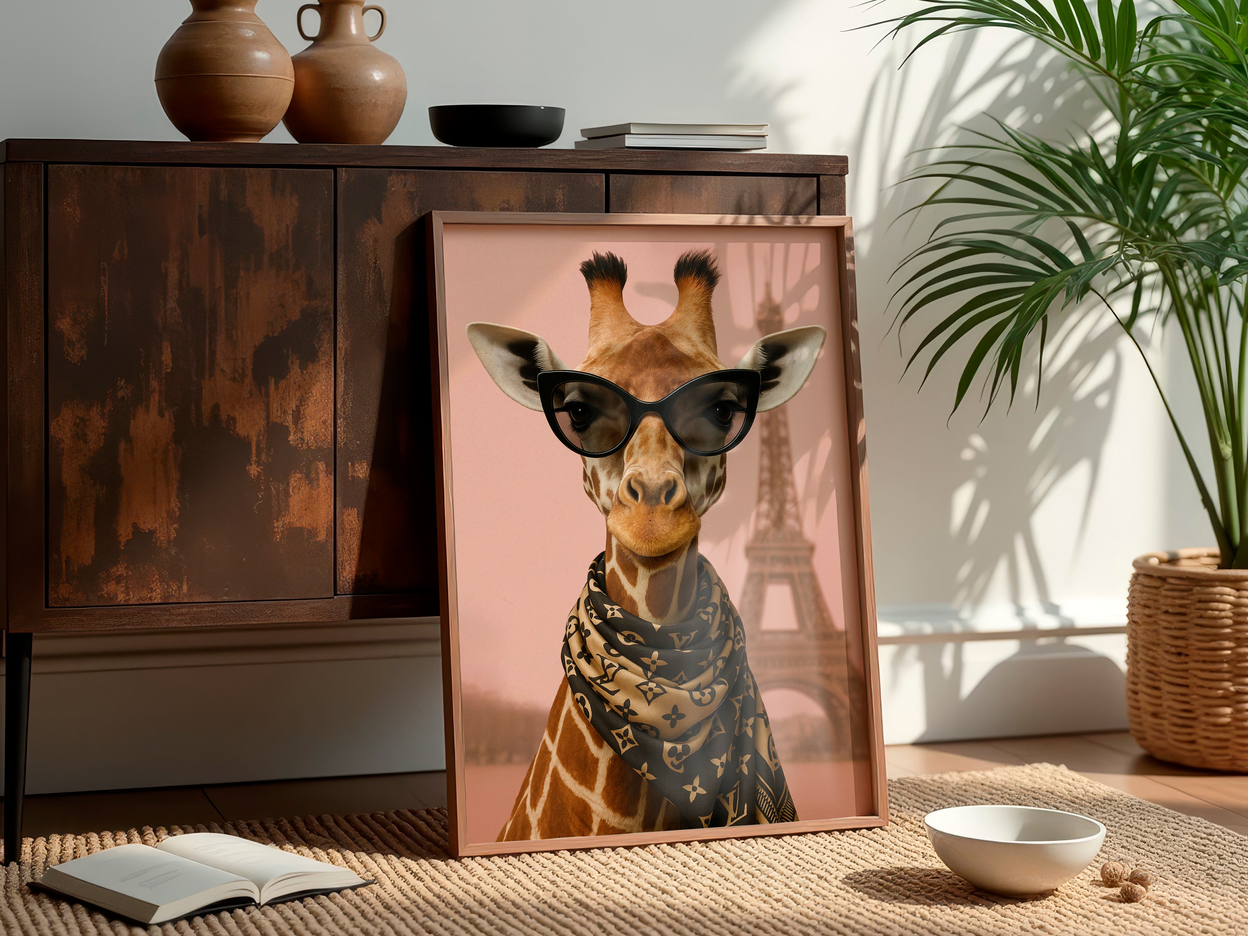Framed picture of a giraffe wearing sunglasses on a wooden cabinet with decorative items.