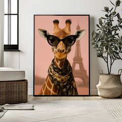 Framed artwork of a giraffe wearing sunglasses with the Eiffel Tower in the background, displayed in a room.