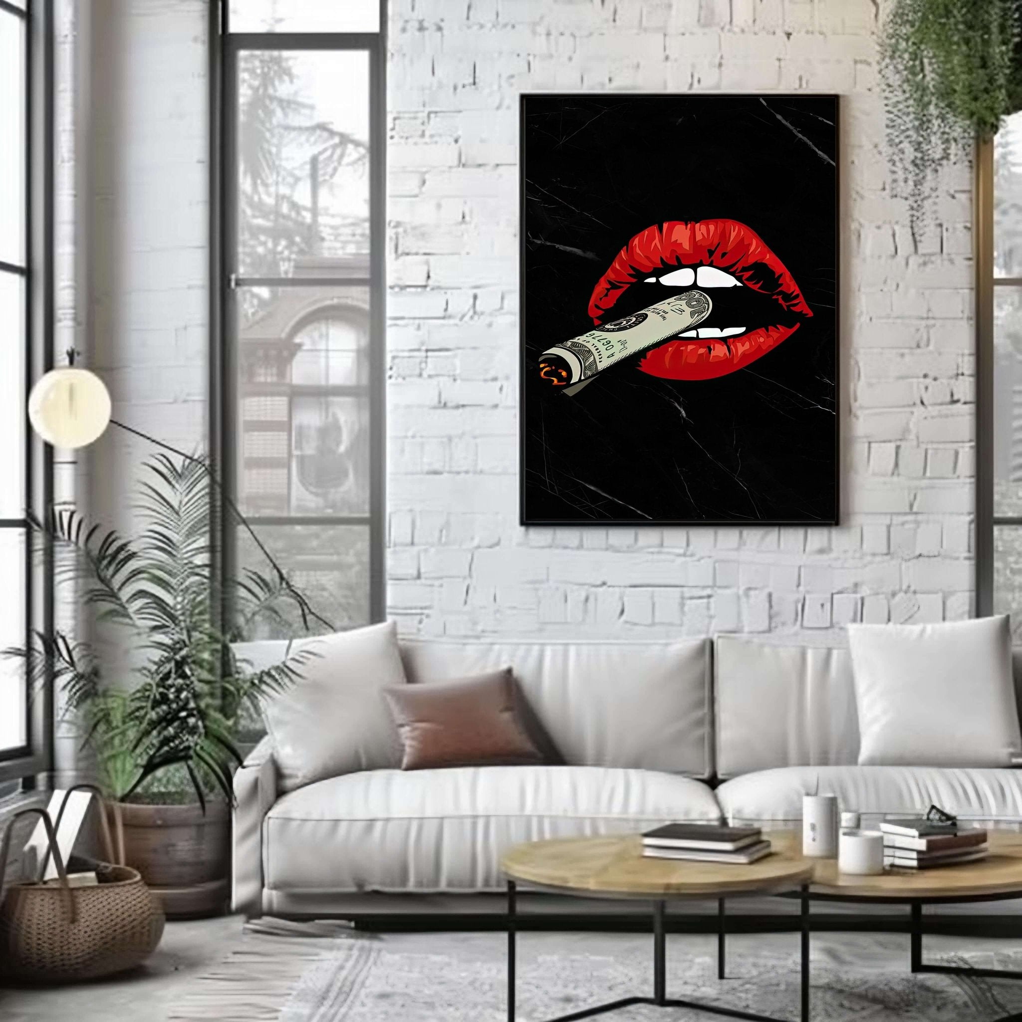 Glam Dollar | Red Lips Smoking Dollar Wall Art Print - Print