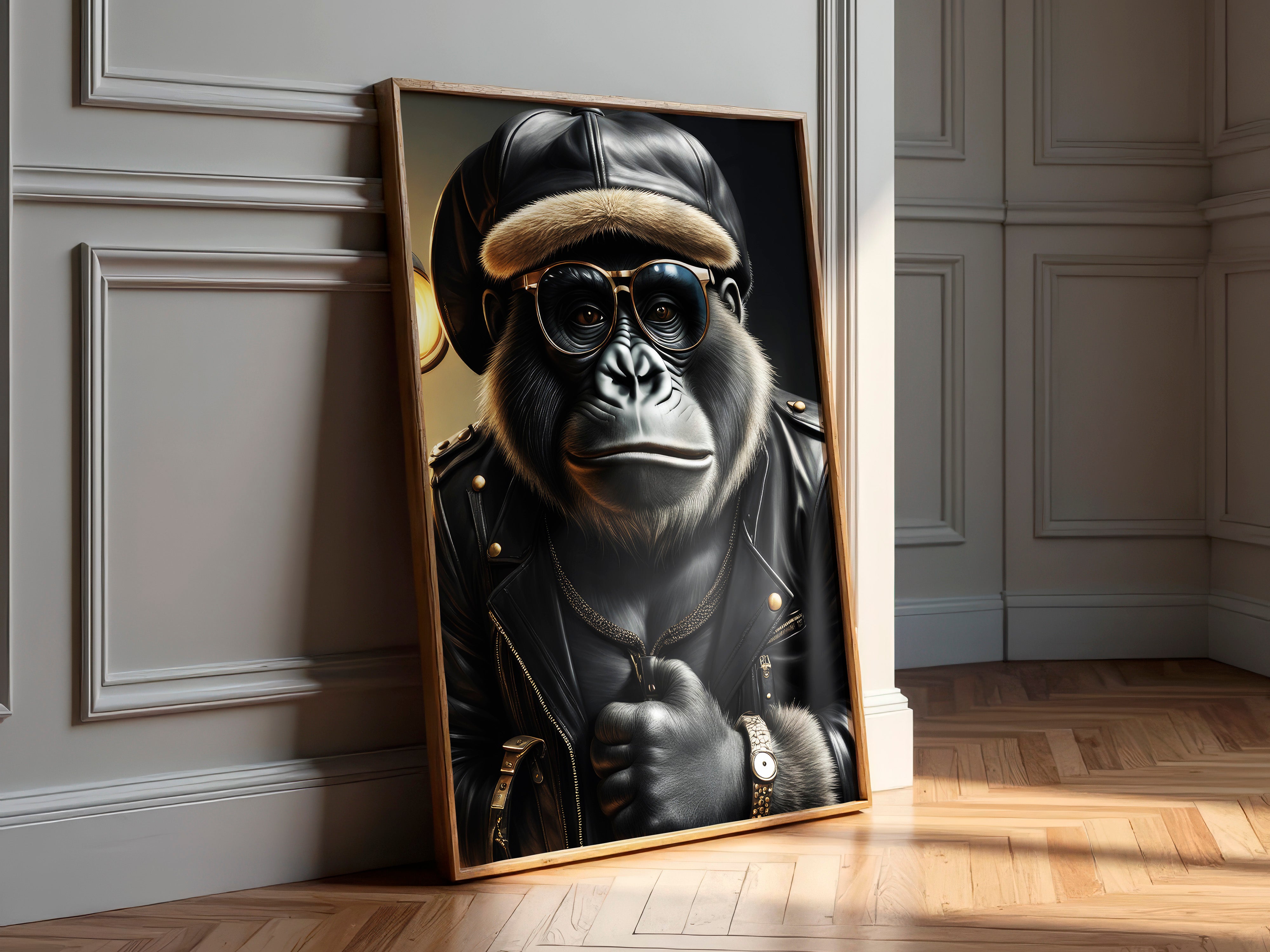 Framed artwork of a monkey in a leather outfit leaning against a wall.