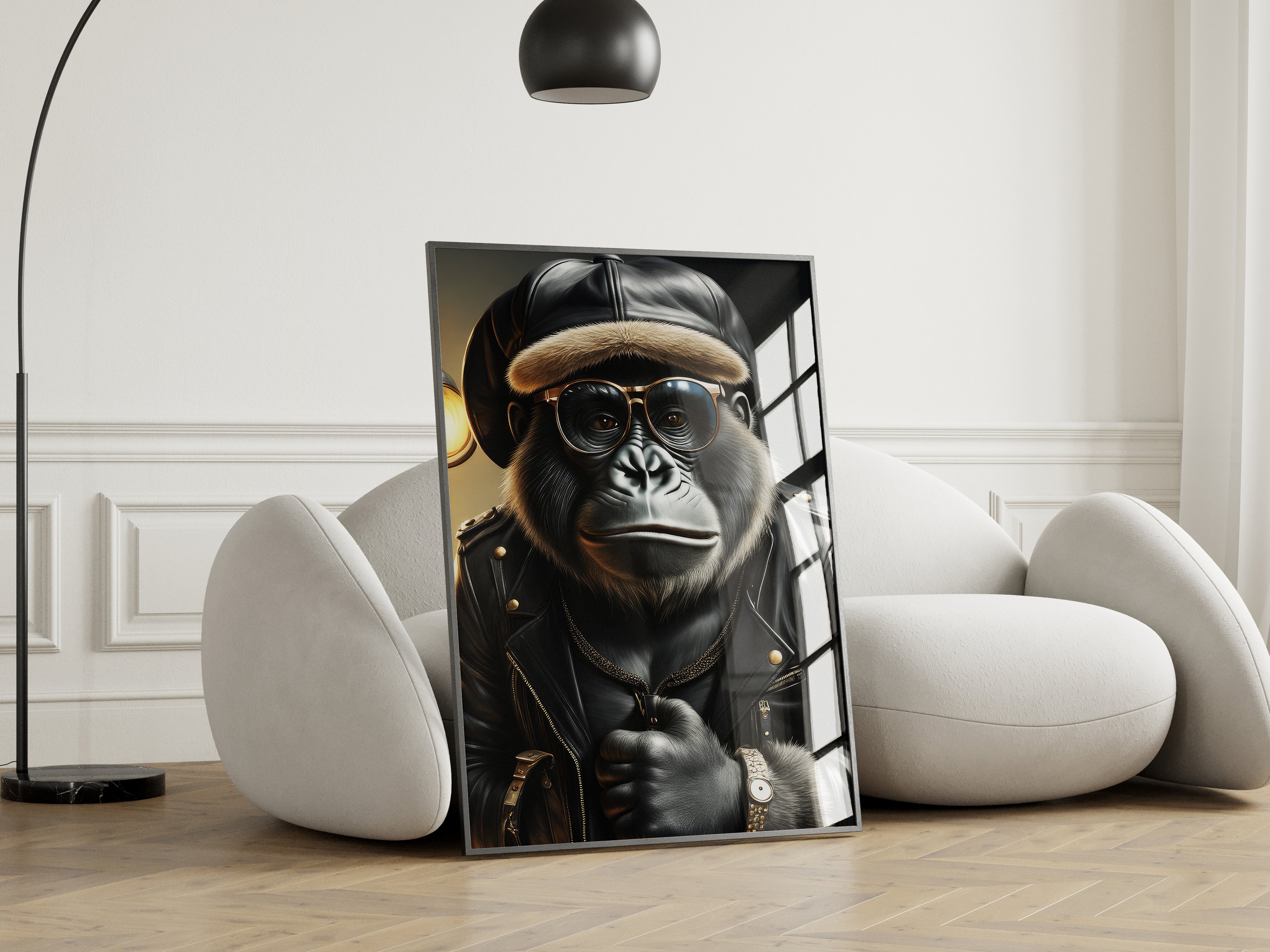 Gorilla wearing a hat and jacket in a modern living room setting