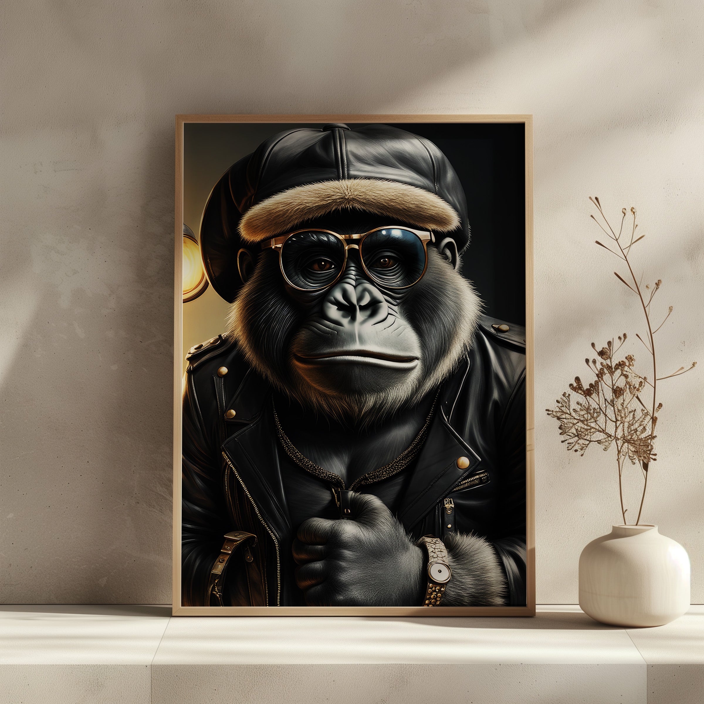 Framed artwork of a gorilla wearing sunglasses and a leather jacket on a wall.