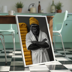 Framed picture of a gorilla in a robe and yellow towel on a checkered floor.