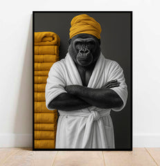 Framed artwork of a gorilla in a bathrobe with yellow towels on a white wall.