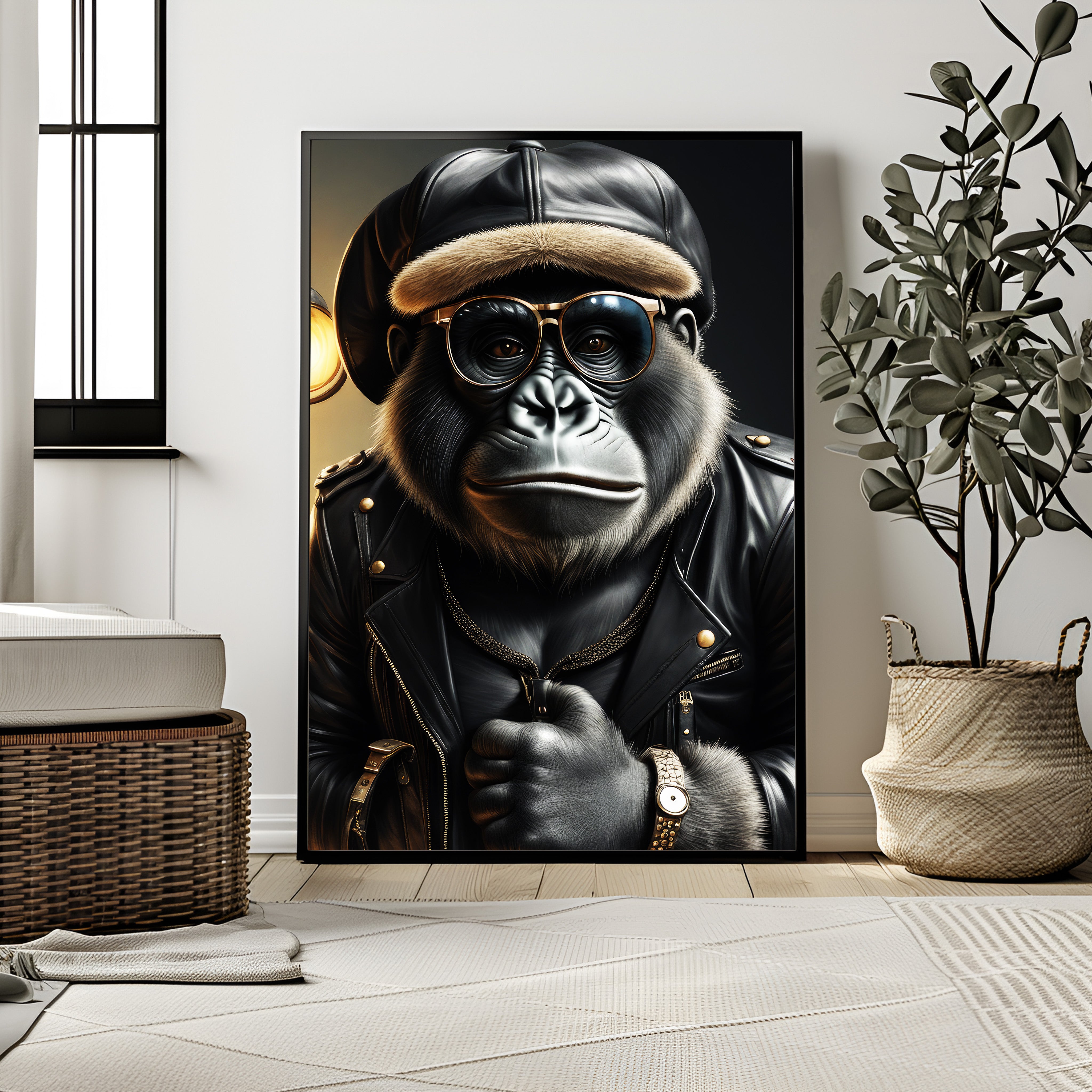 Framed artwork of a gorilla wearing a leather outfit and hat in a room with decor elements.