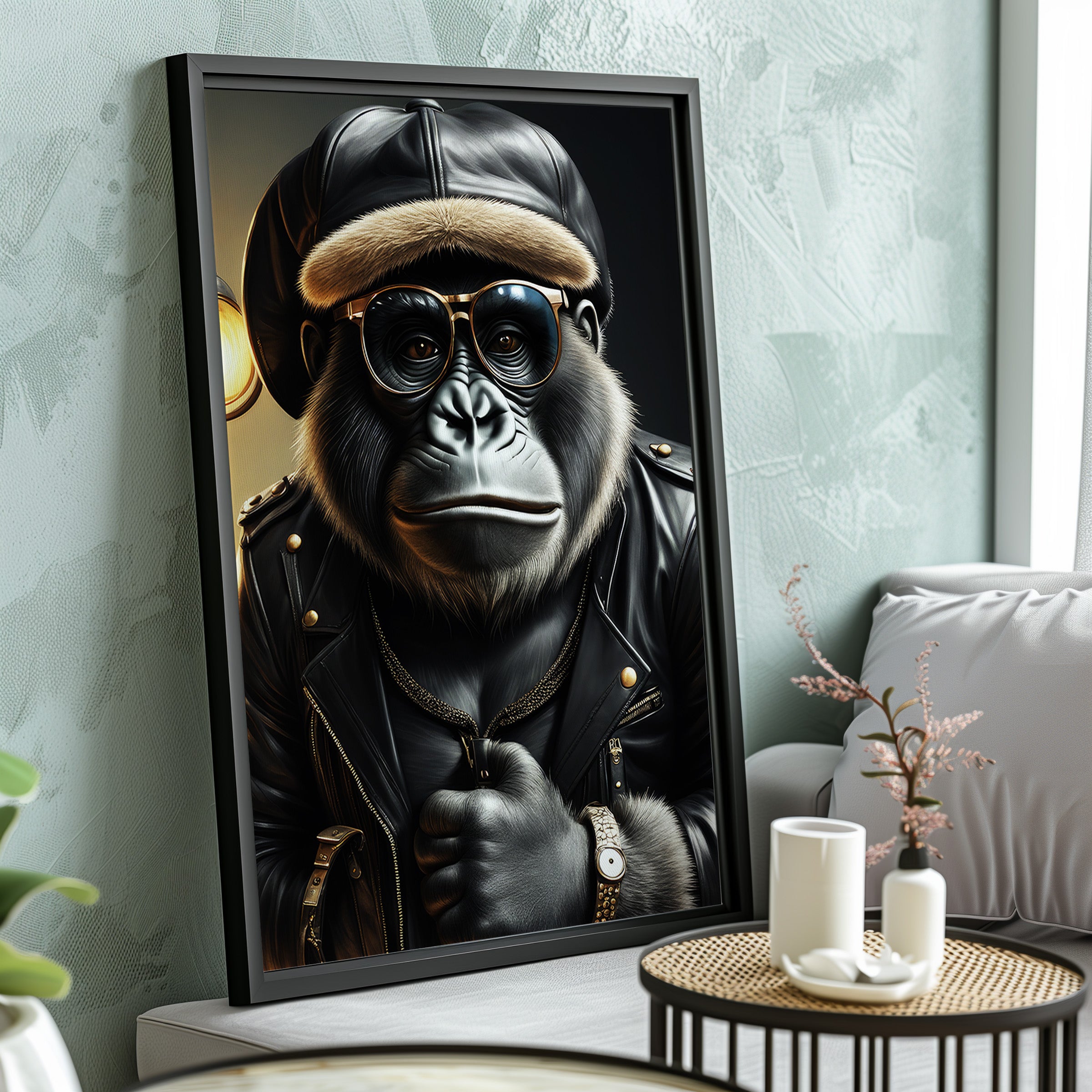 Framed artwork of a monkey wearing a leather jacket and hat on a wall.