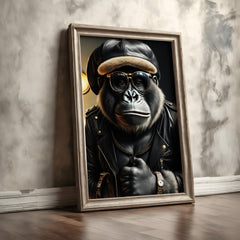 Framed artwork of a monkey wearing a leather jacket and hat on a textured wall.