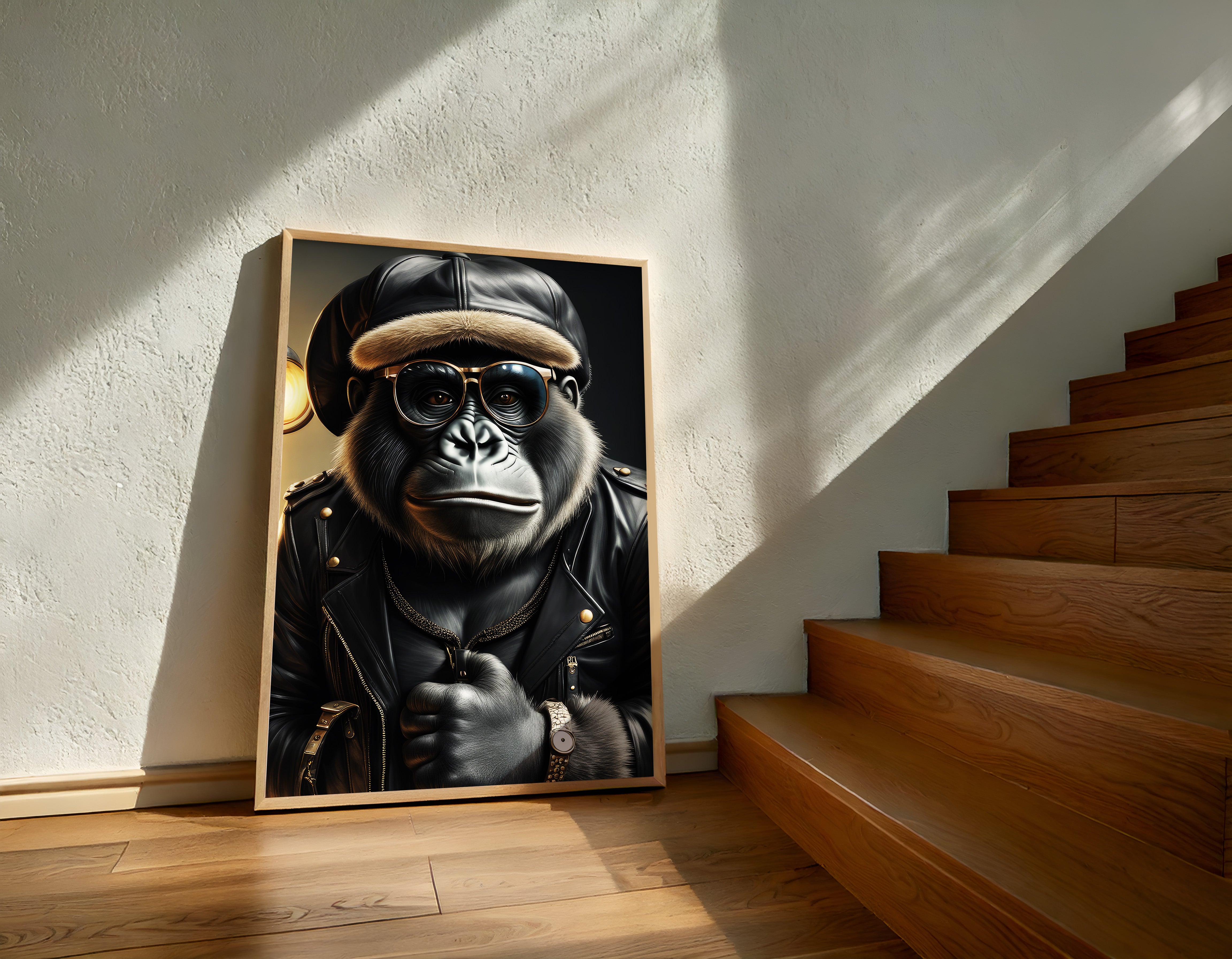 Framed artwork of a monkey wearing a leather jacket and hat on a wall next to wooden stairs.