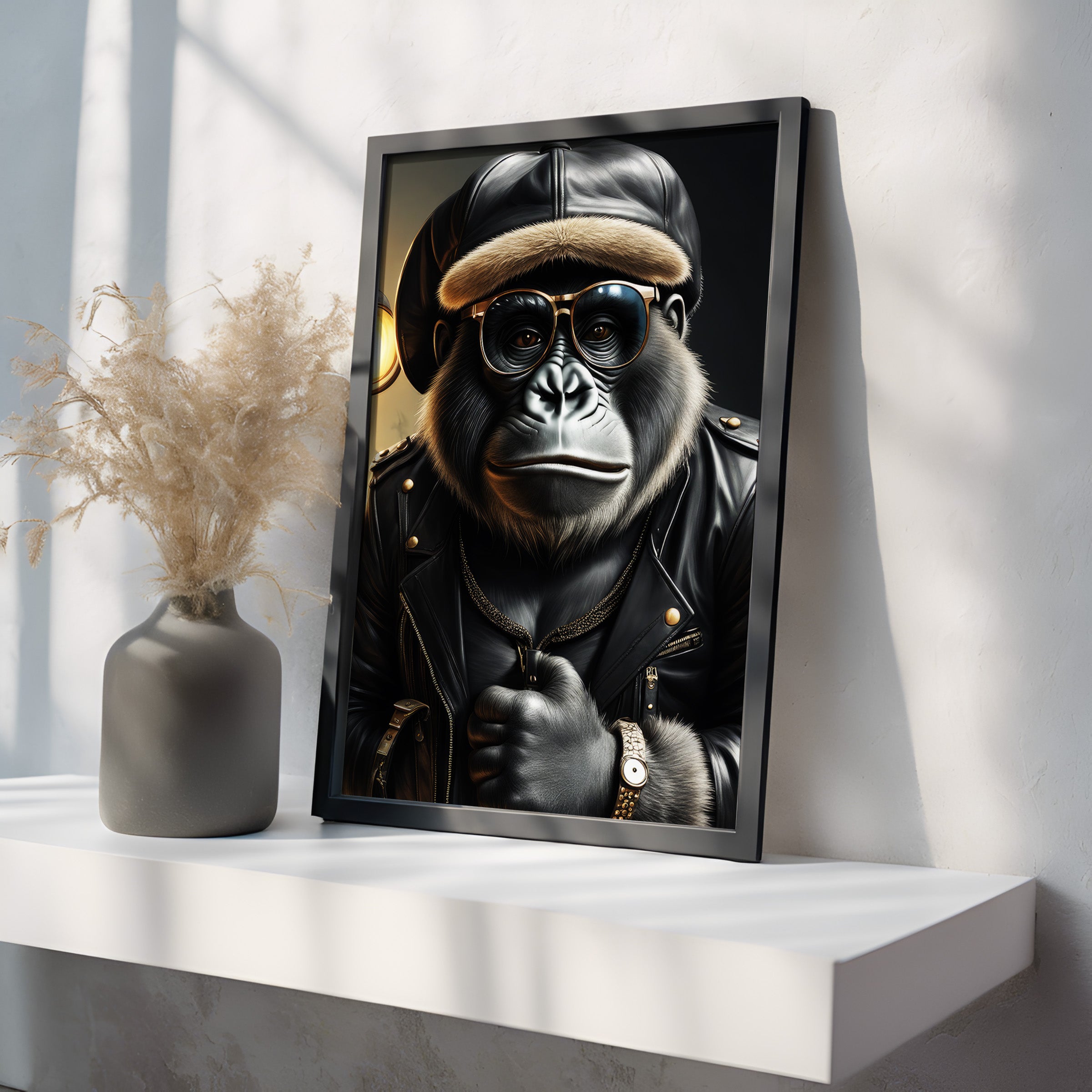 Framed artwork of a gorilla wearing sunglasses and a leather jacket on a white shelf.