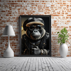 Framed picture of a gorilla wearing sunglasses, a hat, and a leather jacket on a brick wall.