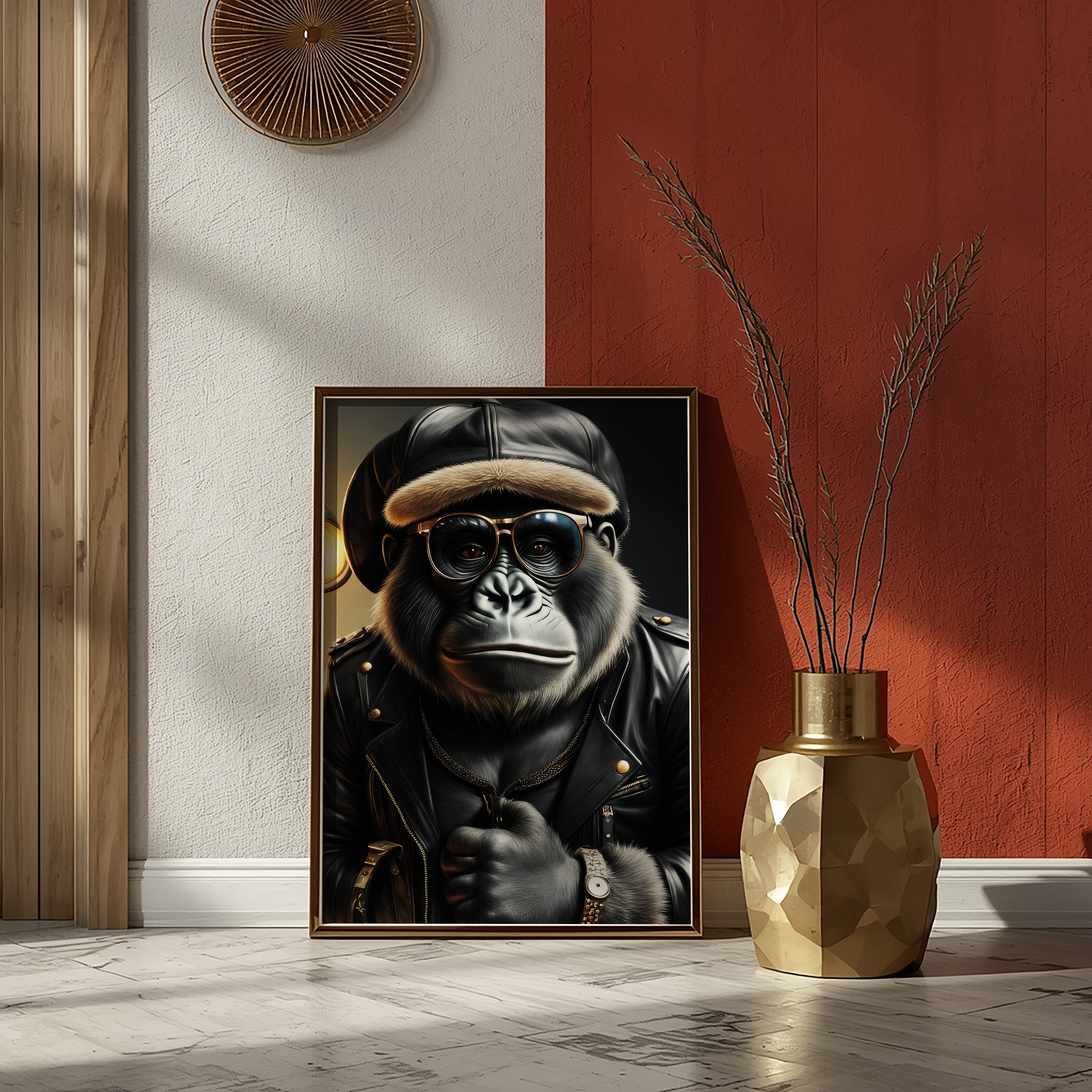 Framed artwork of a gorilla wearing a leather jacket and hat in a room with a red wall and gold vase.