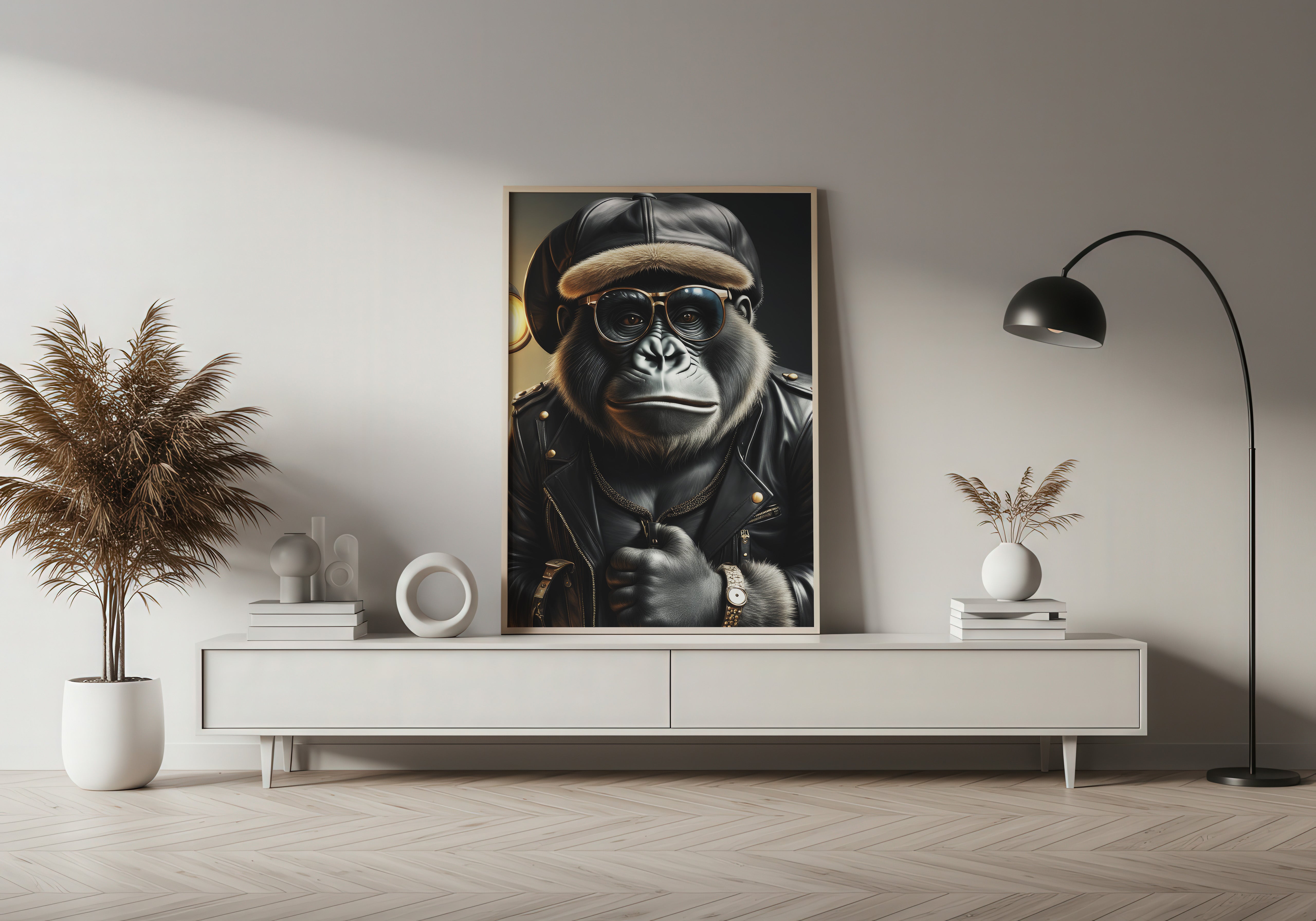 Modern interior with a framed picture of a gorilla wearing sunglasses and a hat on a white wall.