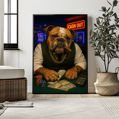 Framed artwork of a dog dressed as a casino owner with money and cards, in a room setting.