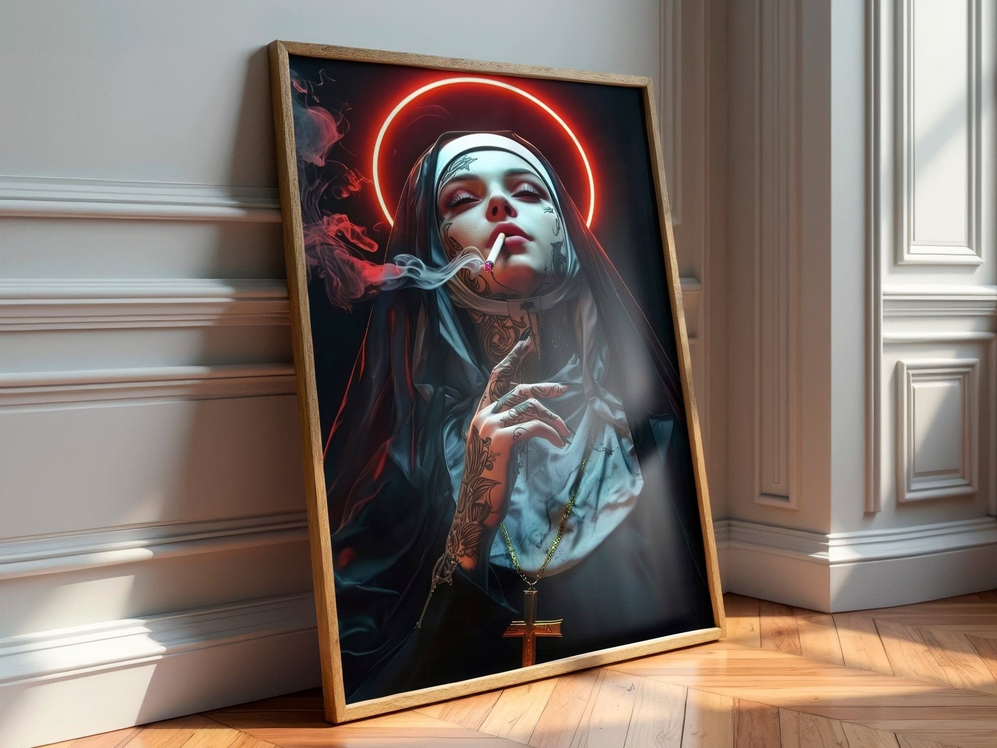 Dramatic nun portrait featuring neon accents and moody lighting