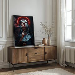 Modern wall art of a rebellious nun with a glowing neon halo