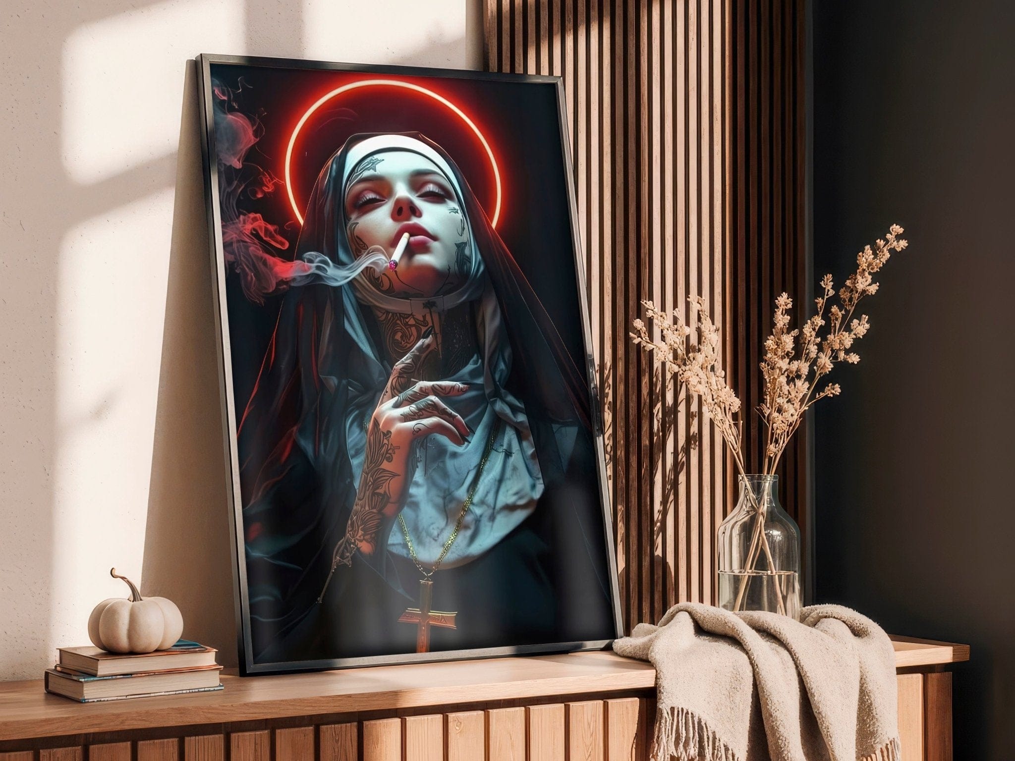 Fierce female rebel nun artwork with a powerful modern aesthetic