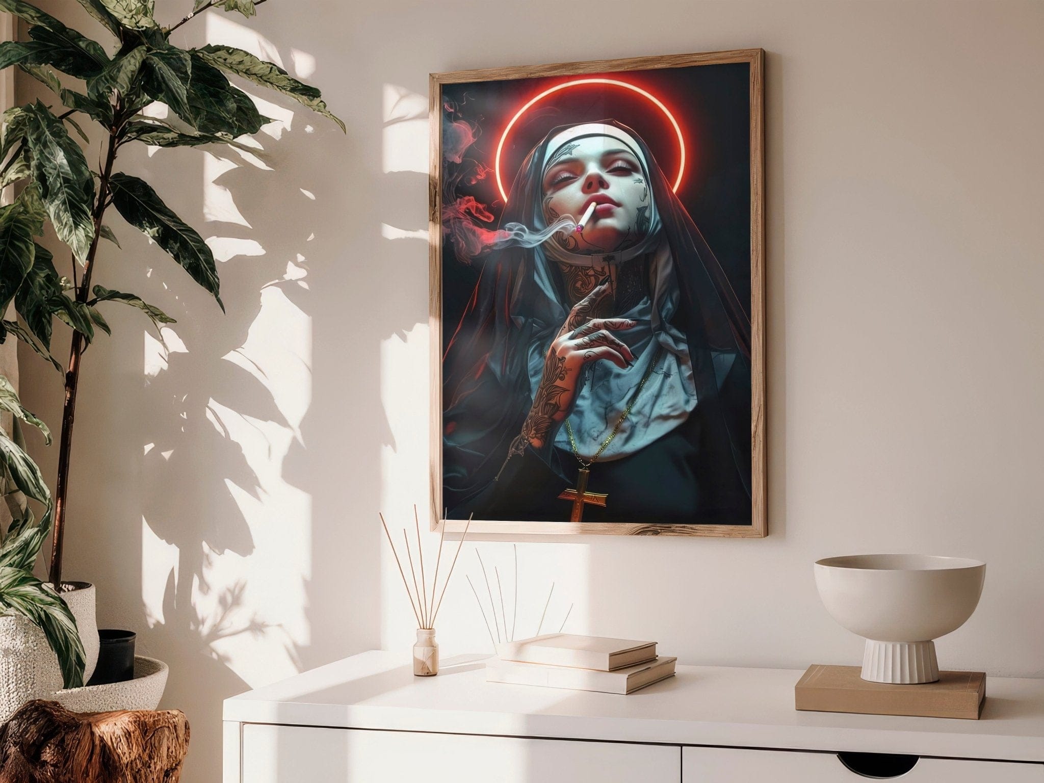 Controversial bold artwork featuring a dark, rebellious nun