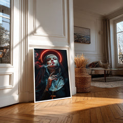 Edgy reinterpretation of religious iconography featuring a smoking nun