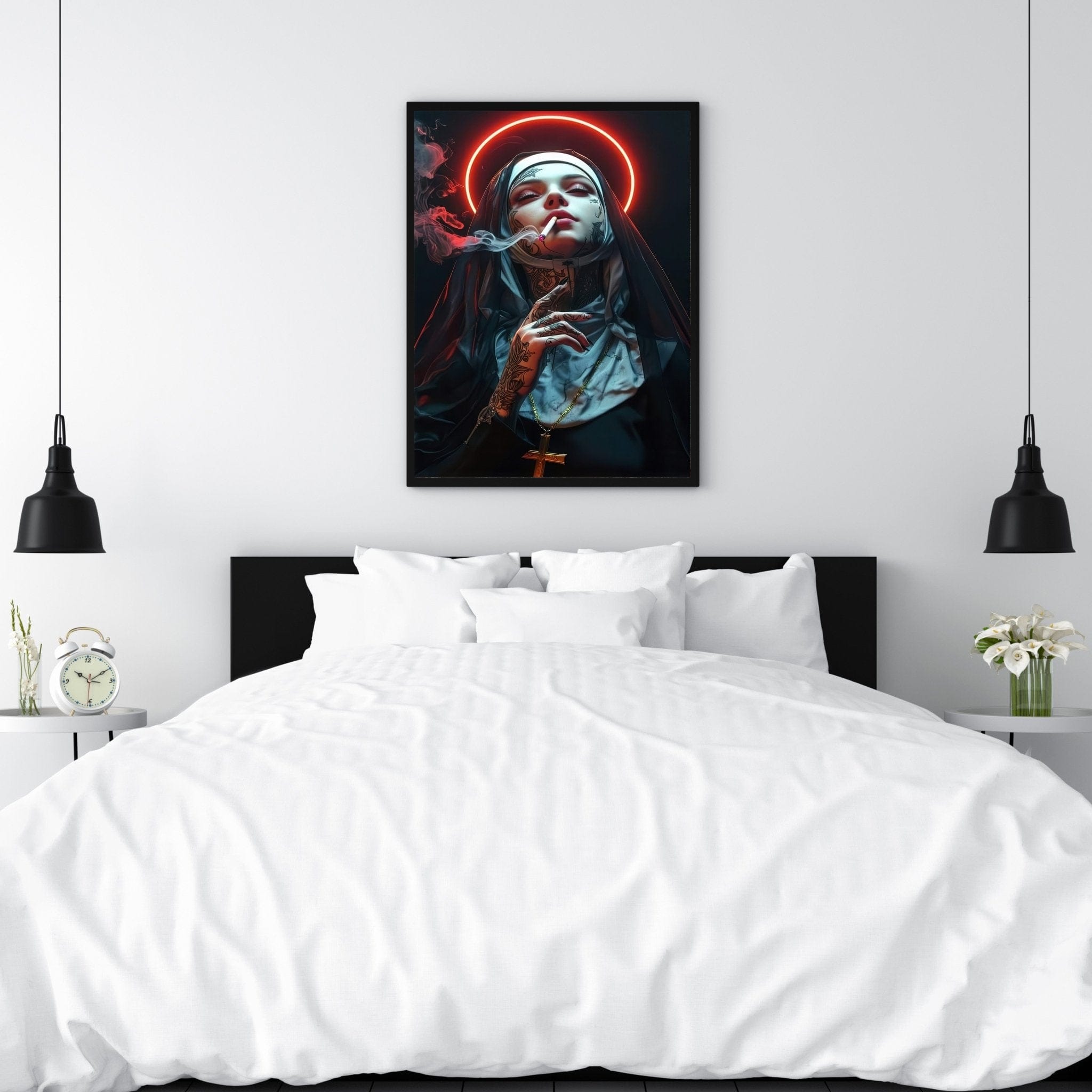 Badass smoking nun wall art perfect for bold, dark interior décor
